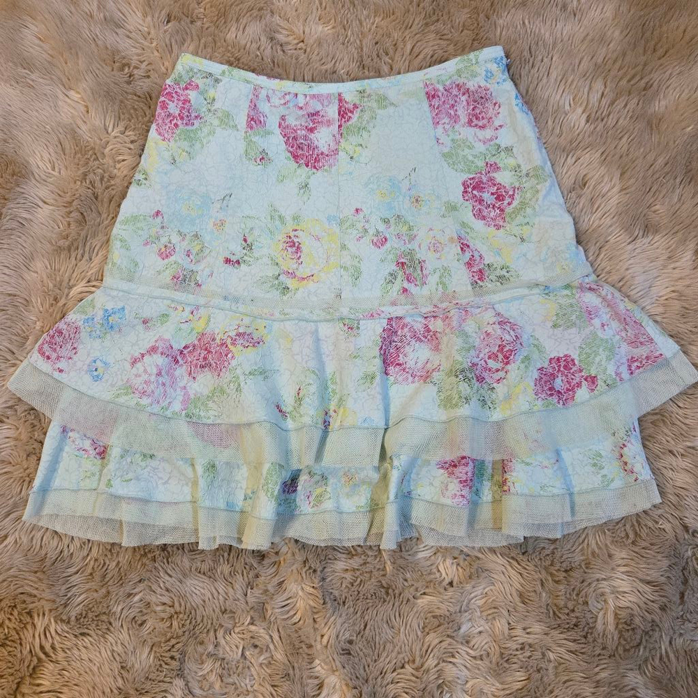 Cynthia Steffe Size 10 Women's Skirt Floral Blue Ruffle Lace Fairy Whimsical